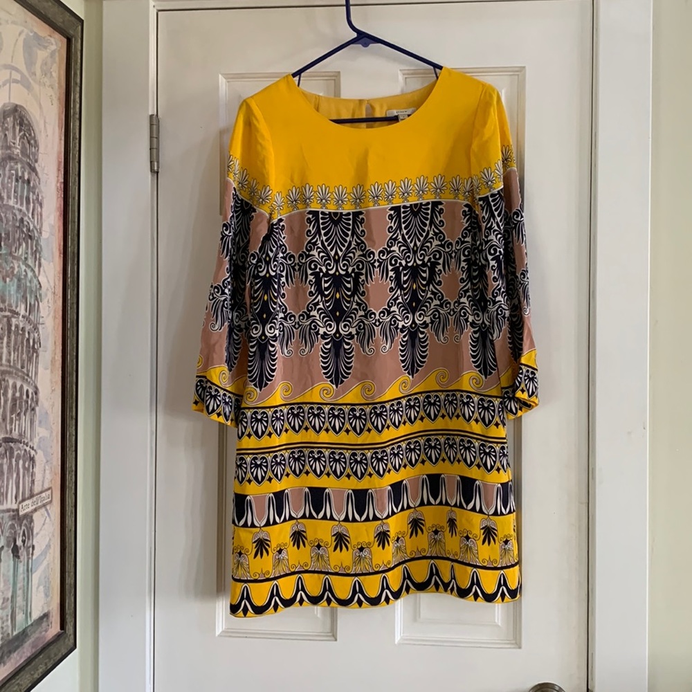 J Crew size 2 silk dress. Lined. Yellow, navy, white and pink.